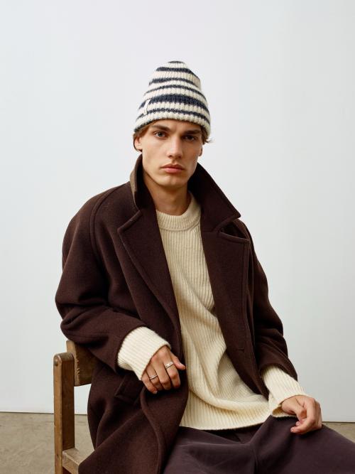O.A.D. RIbbed Beanie White with Navy Stripes