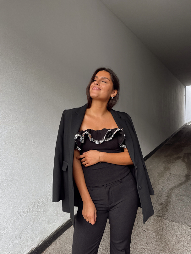 Crepe Ruffle Top - Black - Image 5