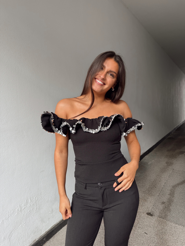 Crepe Ruffle Top - Black - Image 6