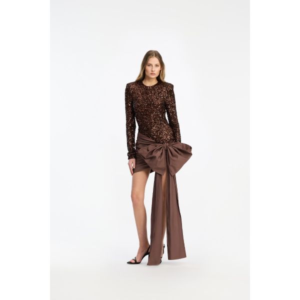 Sequins Bow Mini Dress - Chicory Coffee
