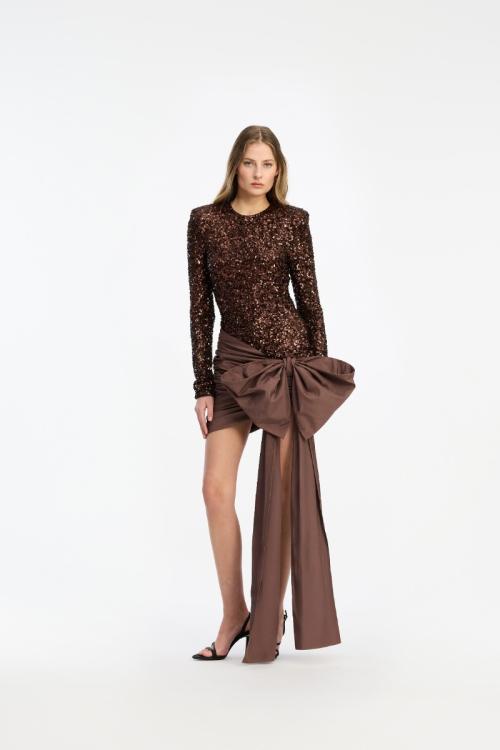 Sequins Bow Mini Dress - Chicory Coffee