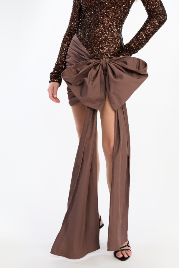Sequins Bow Mini Dress - Chicory Coffee - Image 3