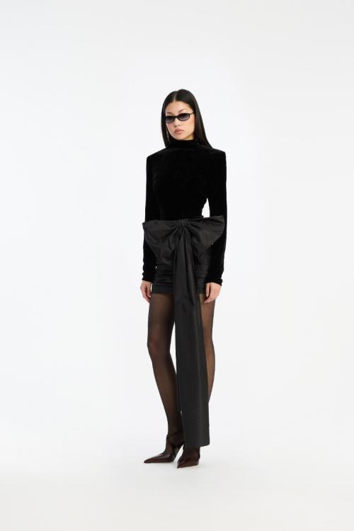 Velvet Bow Mini Dress - Black 