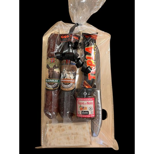 Gavepakke Fjøl med kniv, 2 spekepølser, flatbrød, marmelade og Tupla