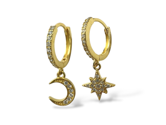 Forgylte creoler m. stjerne og måneheng