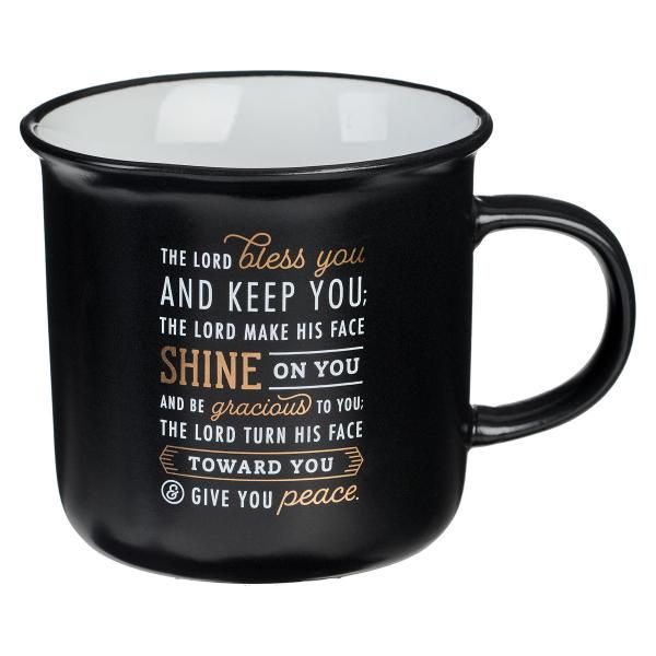 Kopp - Bless You and Keep You Black and Gold Camp-style Ceramic Coffee Mug - Numbers 6:24-26