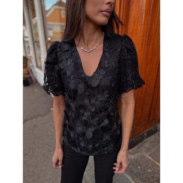 Flowering V-Neck Top - Black 