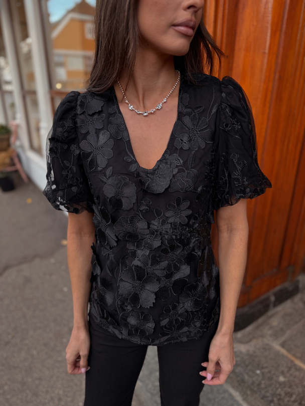 Flowering V-Neck Top - Black  - Image 1