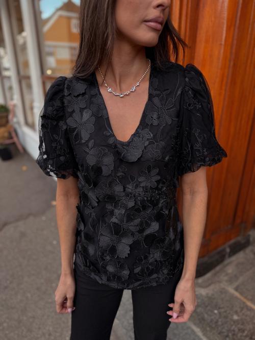 Flowering V-Neck Top - Black 