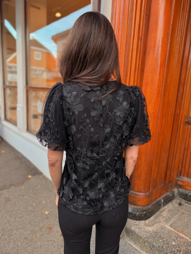 Flowering V-Neck Top - Black  - Image 3