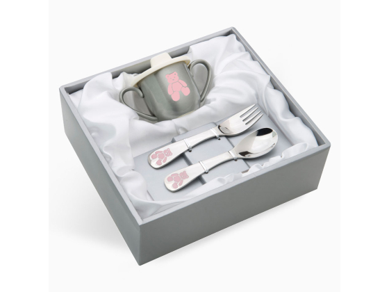 Gavesett - Rosa bamse krus & bestikk