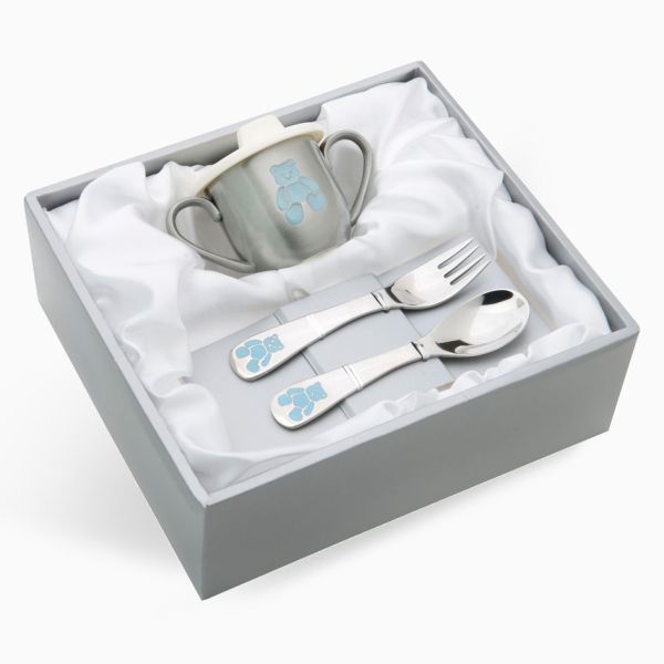 Gavesett - Bl&aring; bamse krus & bestikk