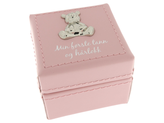 Rosa skrin "min første tann & hårlokk"