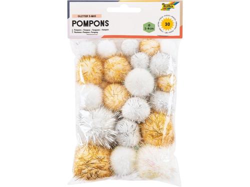 POMPONGER SETT M/GLITTER - HVIT, sølv, gull - 30ASS.