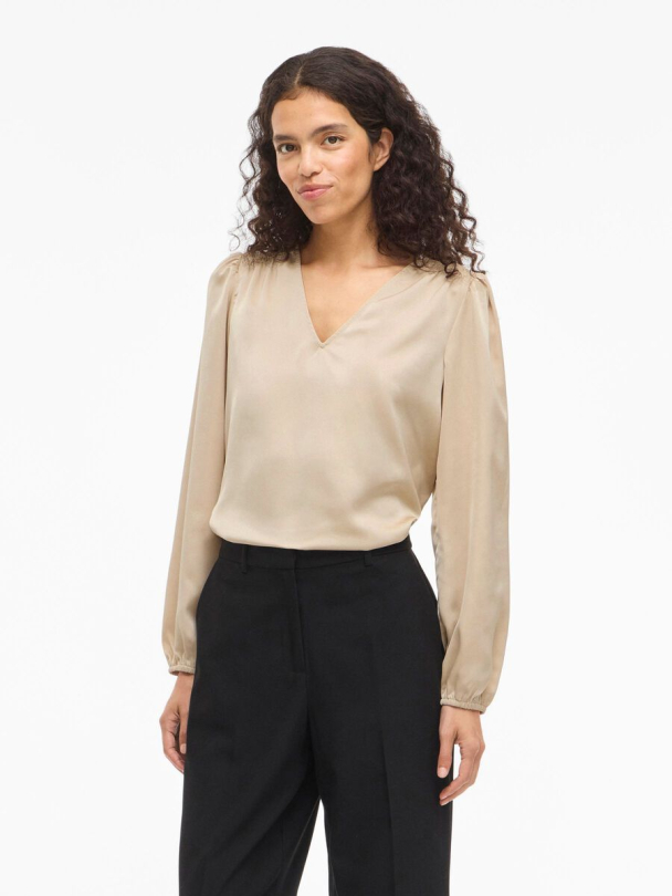 VIEllette langermet bluse, beige - Image 1