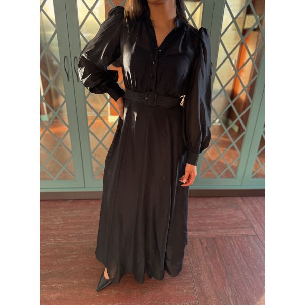 Striped Organza Belt Dress -  Black