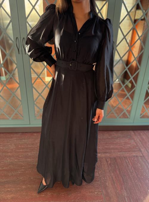 Striped Organza Belt Dress -  Black