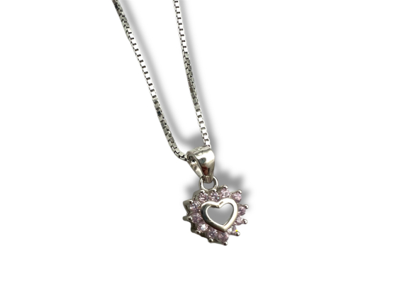 Sølv rosa zirkonia hjerte anheng 