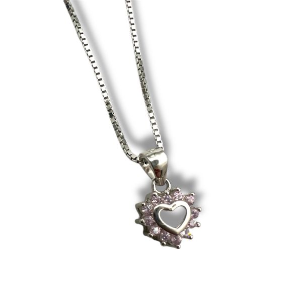 Sølv rosa zirkonia hjerte anheng 