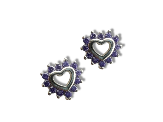 Sølv lilla zirkonia hjerte ørepynt