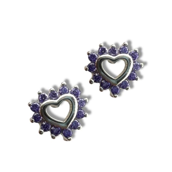 Sølv lilla zirkonia hjerte ørepynt