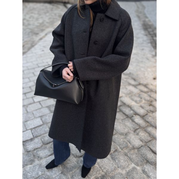 Women Balmacaan Patterned Cashmere Blend Anthracite Herringbone