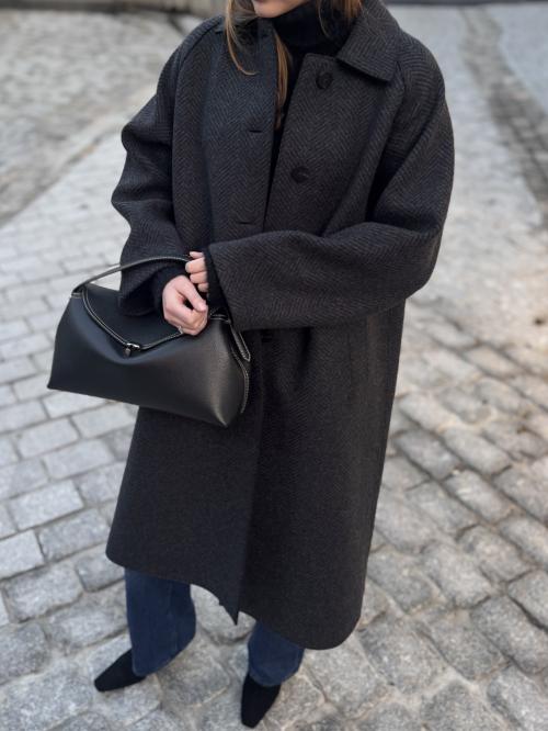 Women Balmacaan Patterned Cashmere Blend Anthracite Herringbone