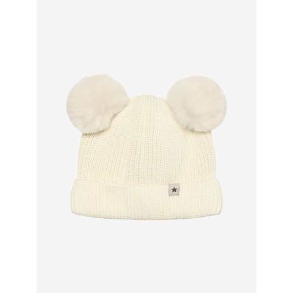Hat Knit w. Pompoms, Antique White - Huttelihut