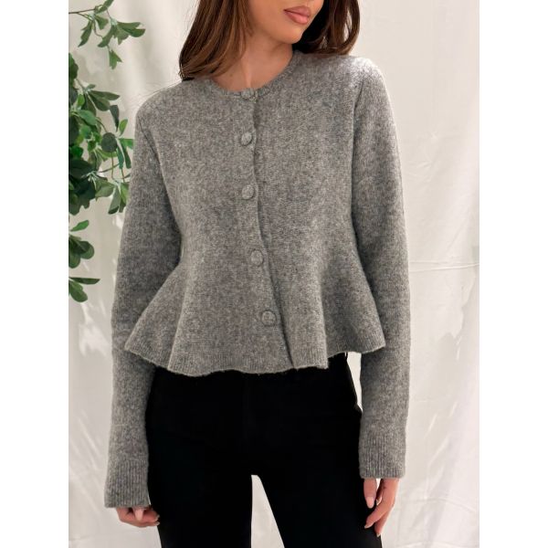 Hiva Peplum Knit Cardigan - Mid Grey Melange