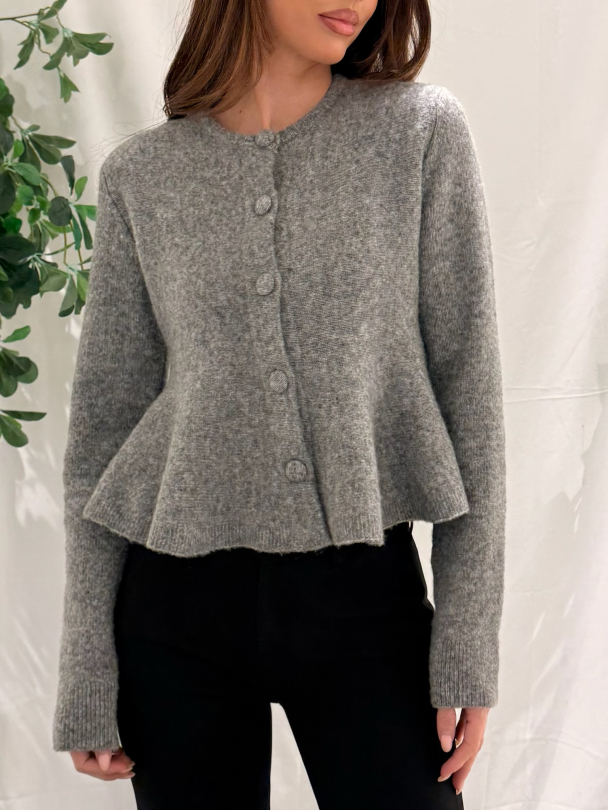 Hiva Peplum Knit Cardigan - Mid Grey Melange - Image 1