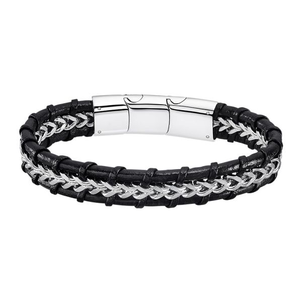 Armb&aring;nd i skinn og st&aring;l, svart