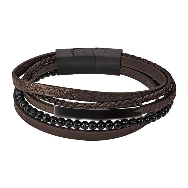Armb&aring;nd i skinn og st&aring;l, brun og svart