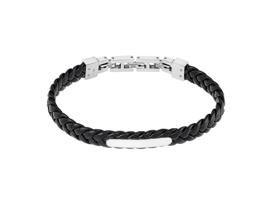 Armb&aring;nd i flettet skinn og st&aring;l med graveringsfelt, svart