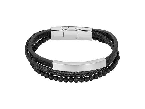 Armb&aring;nd i skinn, st&aring;l og perler med graveringsfelt, svart