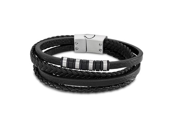 Armb&aring;nd i skinn og st&aring;l, svart