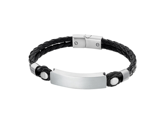 Armb&aring;nd i skinn og st&aring;l med graveringsfelt, svart