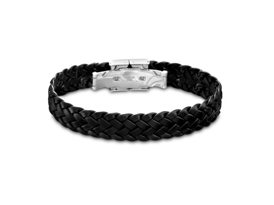 Armb&aring;nd i flettet skinn og st&aring;l, svart