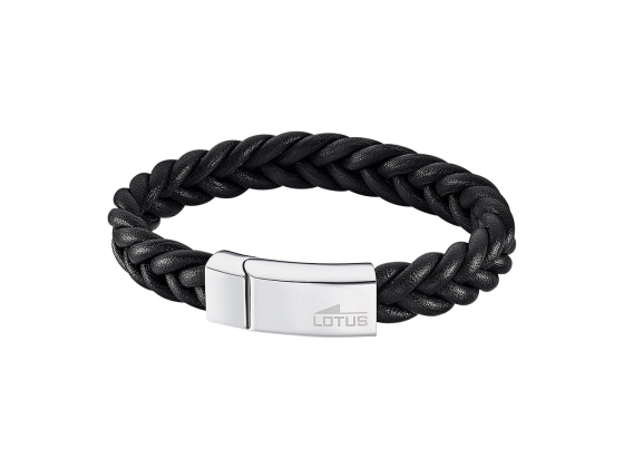 Armb&aring;nd i flettet skinn og st&aring;l, svart