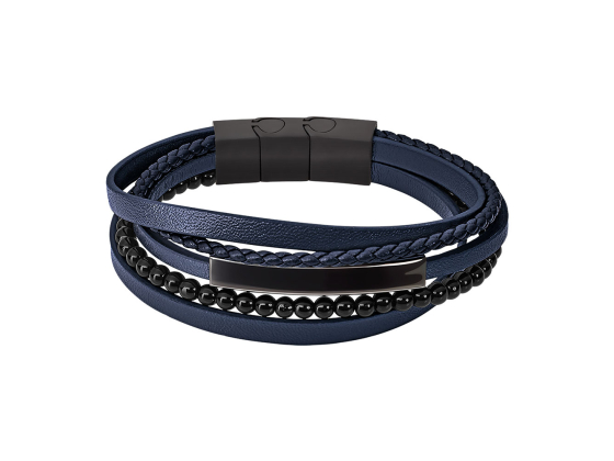 Armb&aring;nd i skinn og st&aring;l, bl&aring; og svart