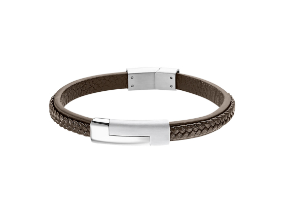 Armb&aring;nd i flettet skinn og st&aring;l, brun