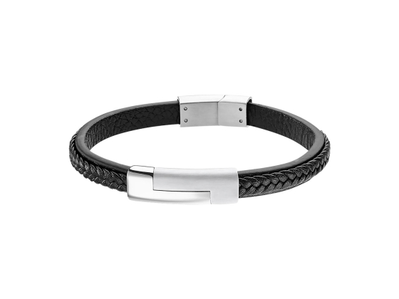 Armb&aring;nd i flettet skinn og st&aring;l, svart