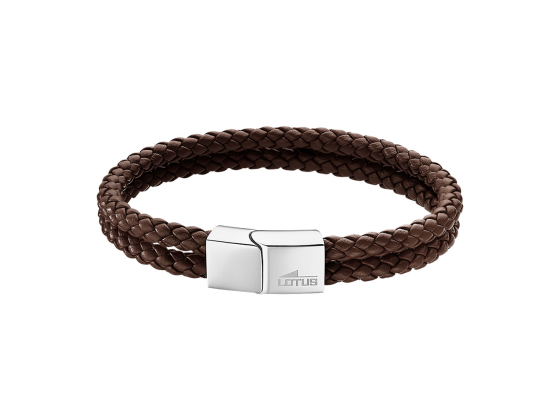 Armb&aring;nd i flettet skinn og st&aring;l, brun