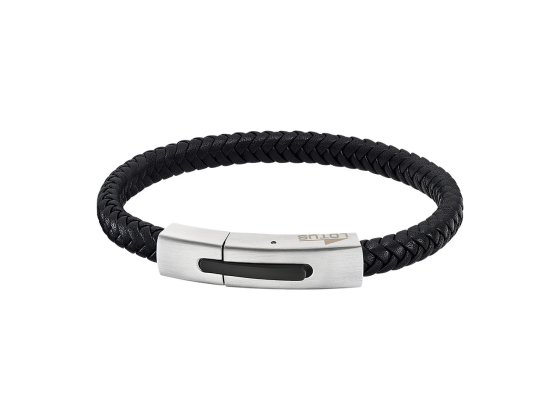 Armb&aring;nd i flettet skinn og st&aring;l, svart