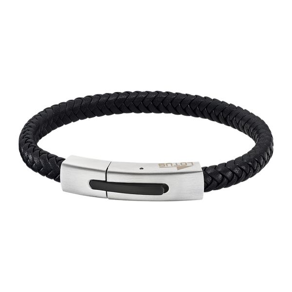 Armb&aring;nd i flettet skinn og st&aring;l, svart