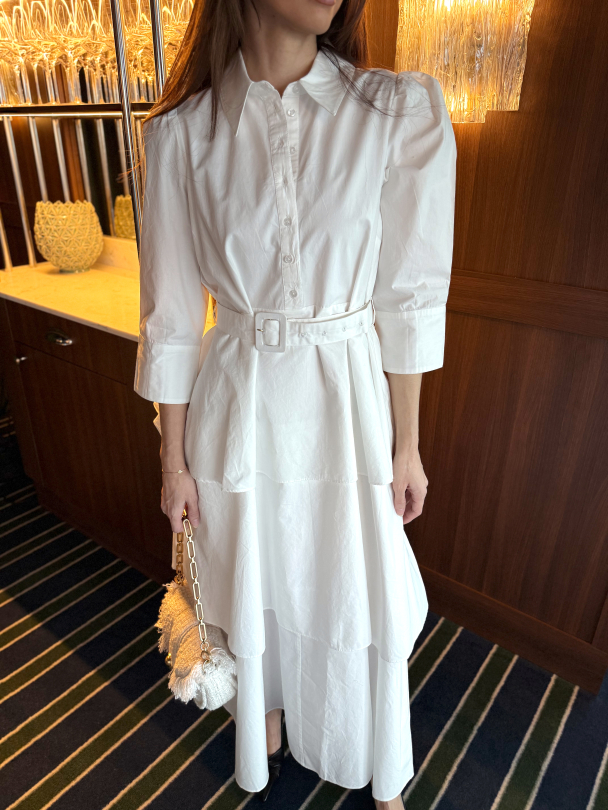 Poplin Flounce Dress - White  - Image 1