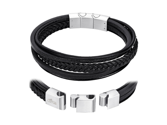 Armb&aring;nd i skinn og st&aring;l, svart