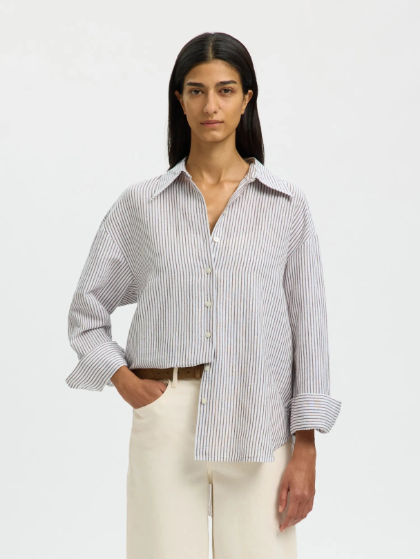Cleo Oversized Linen Blend Shirt -  Chocolate Chip/Bright White  - Image 1
