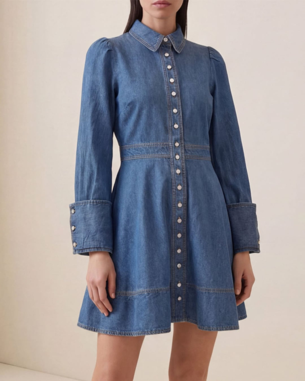 Denim Mini Dress - French Blue  - Image 1
