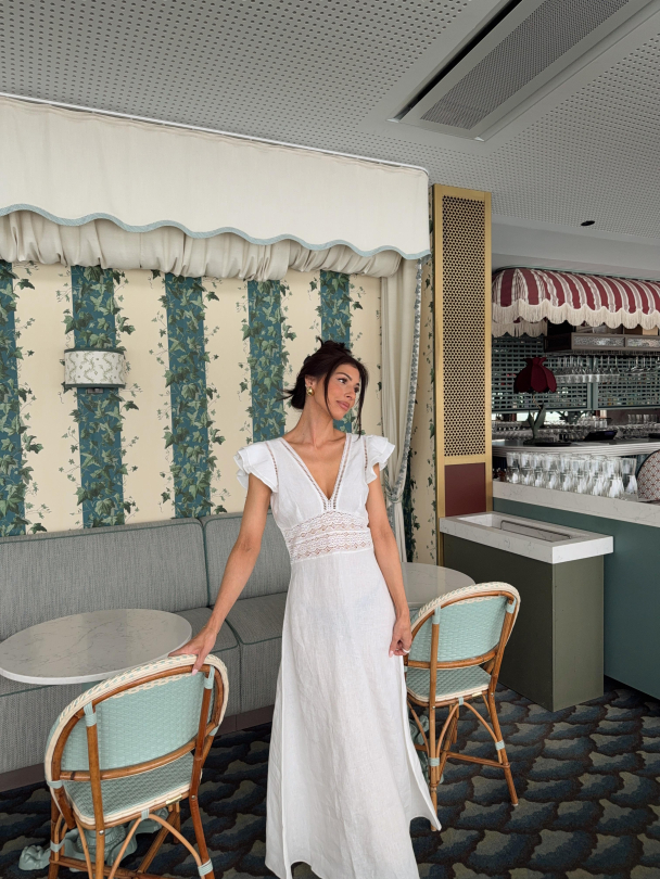 Linen V-Neck Dress - White - Image 2