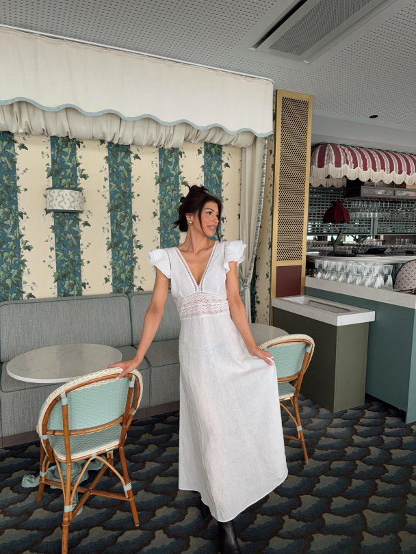 Linen V-Neck Dress - White - Image 4